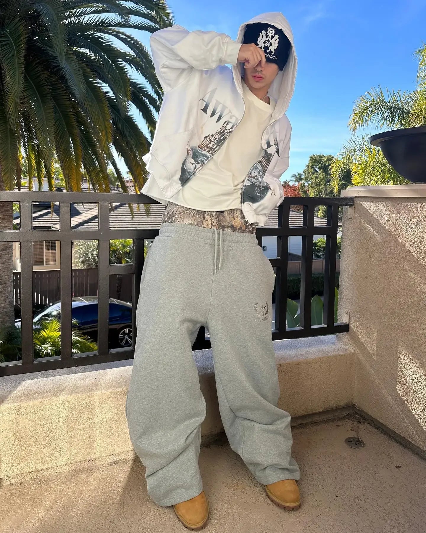 Double Cuff Embroidered Camouflage Baggy Leg Pants