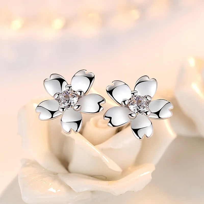 R&G.Pro 925 Sterling Silver Crystal Zircon Flower Stud Earrings